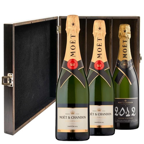 2 x Moet Brut And 1 x Moet Vintage Treble Elm Wood Gift Boxed Champagne (3x75cl)